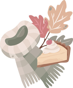 Cozy autumn vector illustration with a warm checkered scarf, sweet pie slice, and fall leaves. Perfect for Thanksgiving cards, menus, and seasonal designs