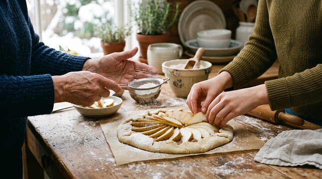 Family baking holiday pie with sliced pears and flour sifter in a cozy kitchen