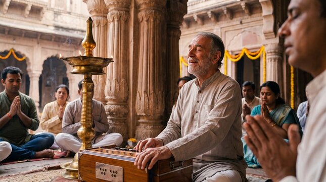 Foreigner Devotee Playing Harmonium Bhajan in Ancient Temple | Peaceful Spiritual Meditation