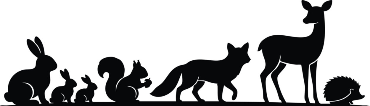 Wild Animal Silhouette Collection, African Wildlife and Forest Animals Black Vector Illustration on White Background