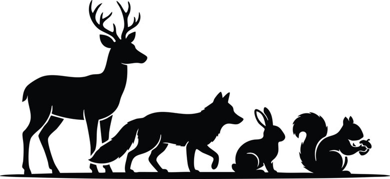 Wild Animal Silhouette Collection, African Wildlife and Forest Animals Black Vector Illustration on White Background