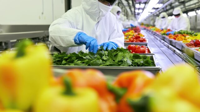 Food safety worker sorting fresh vegetables in industrial processing facility with copy space