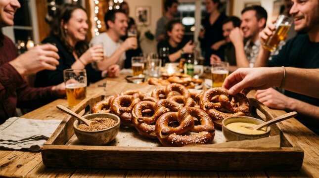 Friends gather around a wooden table to eat fresh pretzels and drink beer together