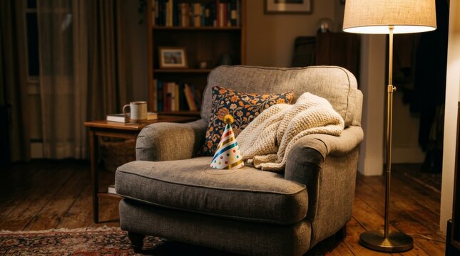 A lonely party hat sits on a cozy living room armchair at night.