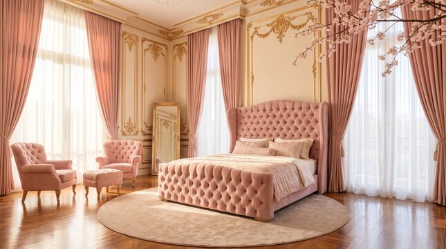 Luxurious tufted pink bed set beside velvet armchairs and golden ornate trim within this bright elegant neoclassical style bedroom interior
