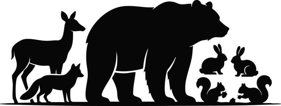 Wild Animal Silhouette Collection, African Wildlife and Forest Animals Black Vector Illustration on White Background
