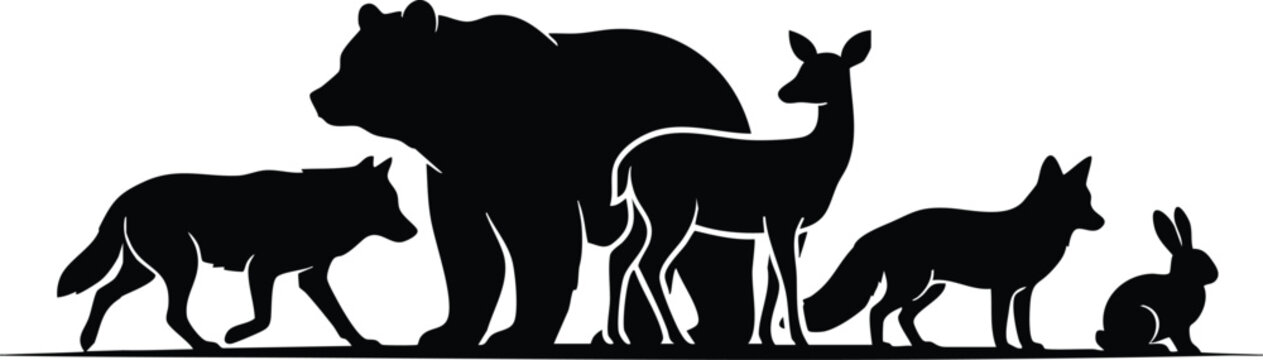 Wild Animal Silhouette Collection, African Wildlife and Forest Animals Black Vector Illustration on White Background