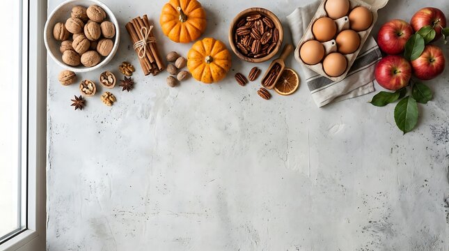 Thanksgiving day thanksgiving celebration Autumn Baking Ingredients Including Pumpkins Nuts Eggs Cinnamon and Apples on Textured Surface fall
