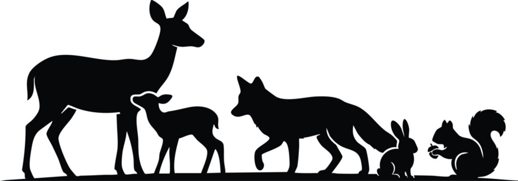Wild Animal Silhouette Collection, African Wildlife and Forest Animals Black Vector Illustration on White Background