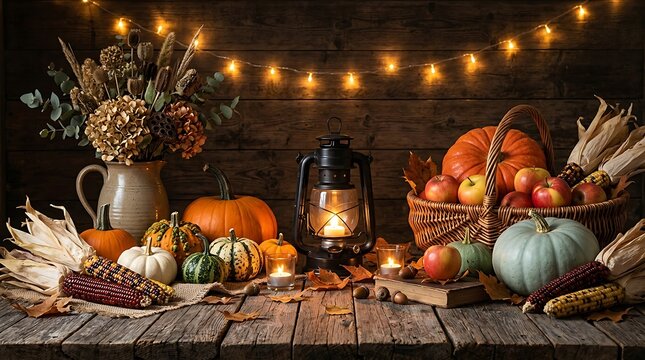 Thanksgiving day thanksgiving celebration Cozy Autumn Scene With Pumpkins Lantern Candles And Fall Decorations On Wooden Table harvest gourd