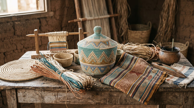 Traditional raffia weaving crafts and baskets on a wooden table