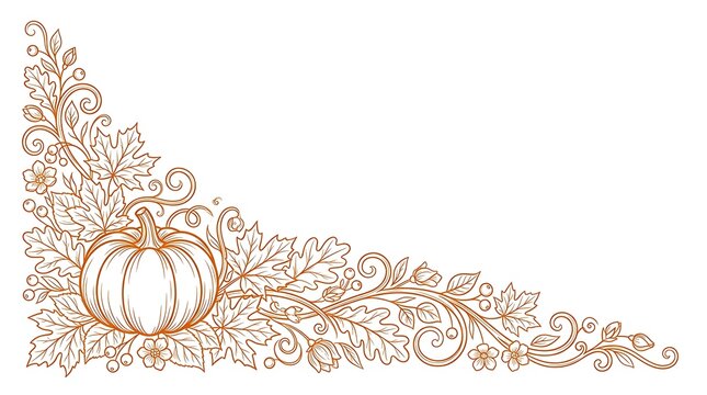 Thanksgiving day thanksgiving celebration Decorative autumn corner border with a pumpkin, oak leaves, maple leaves, berries and flowers fall