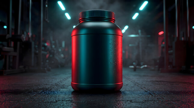Blank matte black protein powder tub mockup on dark gym floor - V1