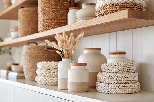 Woven baskets and ceramic jars displayed on wooden shelves. Decorative hearth items are organized neatly on storage units. Home decor showcases natural textures and handcrafted elements