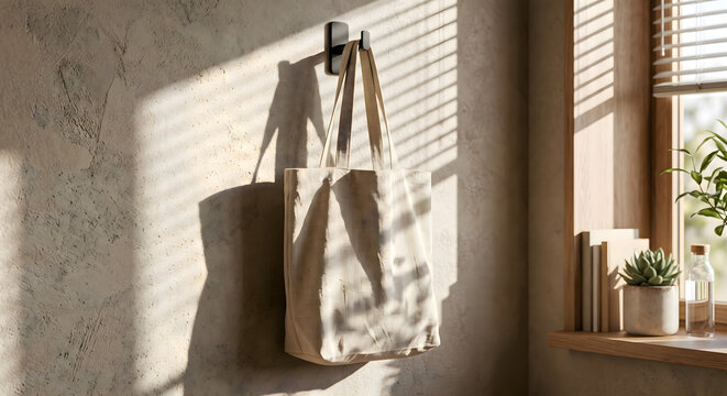 Blank natural organic linen tote bag mockup on microcement wall - V1