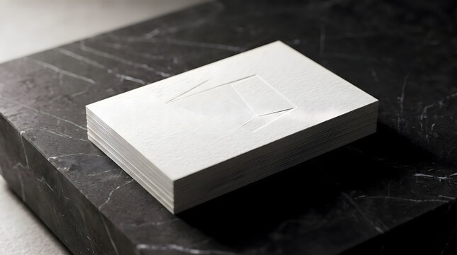 Blank thick cotton paper business card stack mockup on dark marble - V1