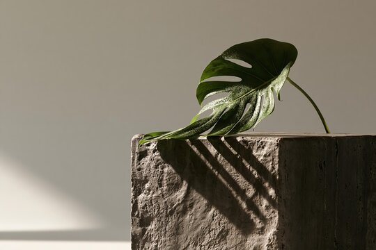 Monstera leaf rests on rough concrete cube pedestal. A single tropical plant adorns studio display stage. Minimalist aesthetic promotes wellness and purity
