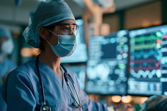 Surgeon wearing mask and cap studies monitors in operating room. Medical staff monitors patient vitals on digital screens. Advanced healthcare technology assists in critical patient care