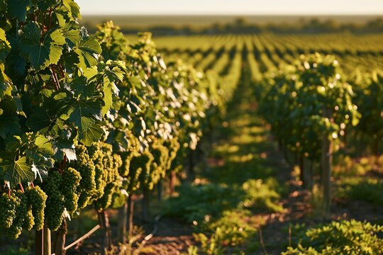 Green grapevines grow in rows on a farm. Vineyard rows stretch into the distance under clear sky. Agriculture produces fresh food for harvest