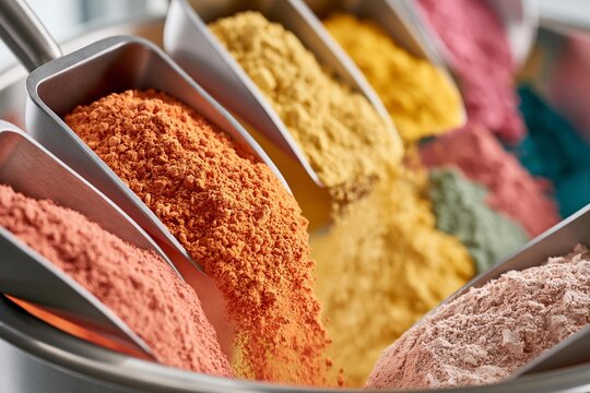 Scoops of colorful powders are measured for formulation. Ingredients are organized in a stainless steel container. Production process begins for cosmetic or food items