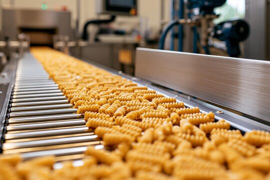 Fusilli pasta moving on an automated conveyor belt. Industrial food production line machinery processing raw ingredients. Mass manufacturing for commercial food supply chain