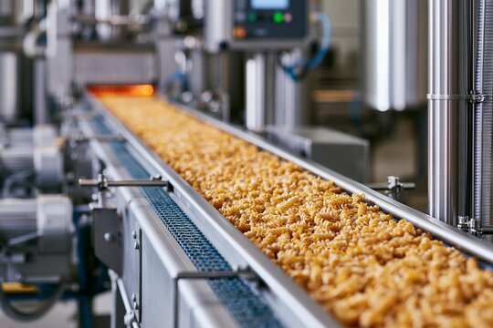Raw pasta spirals move along an industrial conveyor belt. Automated machinery processes food production in a factory setting. High-volume output for global consumer markets