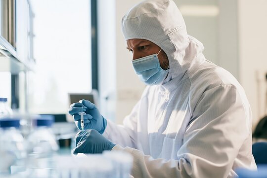 Scientist in hazmat suit preparing syringe for experiment. Researcher works in sterile laboratory environment with equipment. Biomedical research focuses on vaccine development and disease control