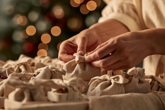 Hands tying small fabric gift bags for advent calendar preparation. Creating handmade festive decorations for Christmas season surprise. Assembling personalized seasonal celebration gifts