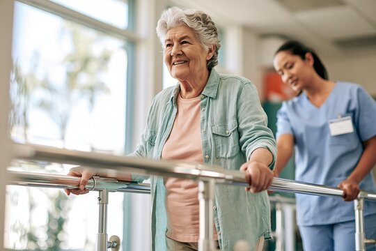 Elderly woman uses parallel bars for physical therapy. Nurse assists patient in rehabilitation gym setting. Senior recovery and mobility assistance in healthcare