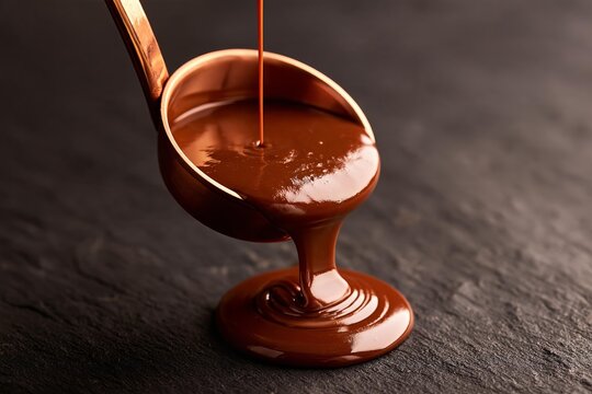 Molten chocolate streams into copper ladle. Rich liquid food preparation in a rustic kitchen setting. Culinary dessert ingredient for confectionery
