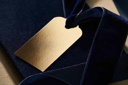 Gift tag rests on dark fabric with velvet ribbon. Elegant presentation of a golden label and navy blue material. Luxury packaging for exclusive product or special occasion