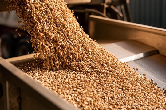 Wheat grains pouring from machine onto conveyor belt for processing. Farmer unloads harvest using agricultural equipment. Food industry prepares raw materials for milling and baking