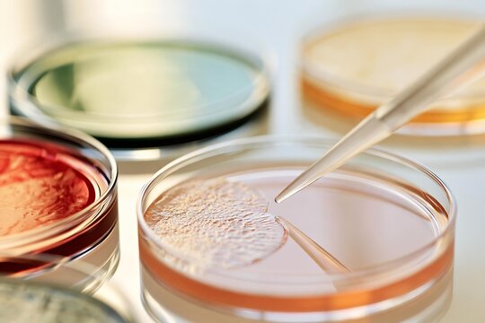 Scientist adds liquid to petri dish with culture. Research laboratory performing biological experiments in cleanroom. Developing advanced medical treatments and diagnostics