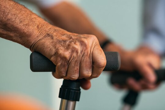 Elderly person gripping walker handles for support and stability. Mobility aid used for safe movement and independence in daily life. Assistance device for rehabilitation and recovery