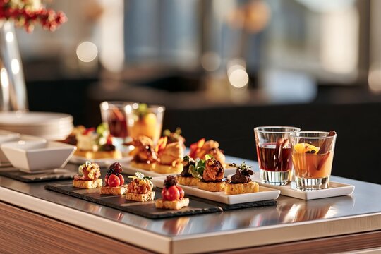 Gourmet canap&eacute;s and artisanal cocktails served at an upscale event. Refreshments and hors d'oeuvres are meticulously arranged for guest enjoyment. This buffet setup is ideal for hospitality