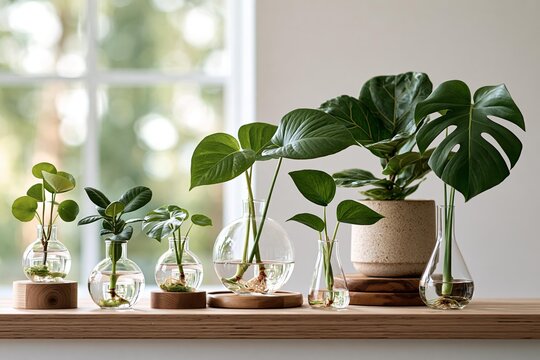 Plant cuttings grow roots in clear glass vases on a wooden shelf. Fresh green leaves are displayed with simple ceramic pots. Home decor highlights natural beauty and indoor gardening