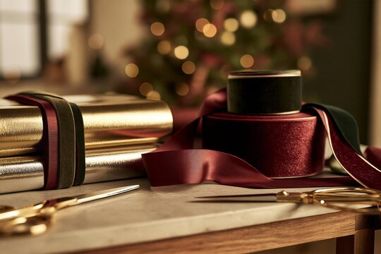 Gift wrapping supplies and ribbon for festive occasions are laid out. Presents are prepared with decorative materials and tools. Celebrate holidays with thoughtful and personalized gift presentations