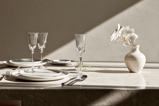 Elegant table setting with crystal glasses and white plates. A ceramic vase holds white orchids for a decorative touch