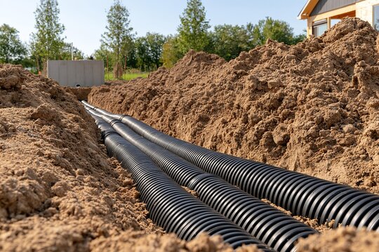 Trench dug for underground pipe installation for new construction. Multiple black corrugated pipes laid in a row. Construction site drainage and utility infrastructure