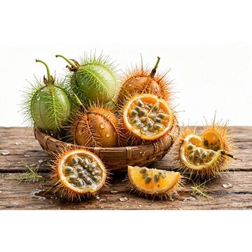Fresh Wild Mini Passion Fruit Rambusa Markisa Hutan Passiflora Foetida Whole and Cut Showing Seeds in Bamboo Basket`