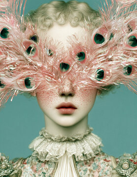 Surreal portrait with a pink peacock feather mask