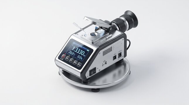 Isometric Abbe digital refractometer silver black, eyepiece, prism cover open with liquid drop pipette, LCD showing 1.3330 nD 20.0&deg;C, USB ports, on round metal base, white background