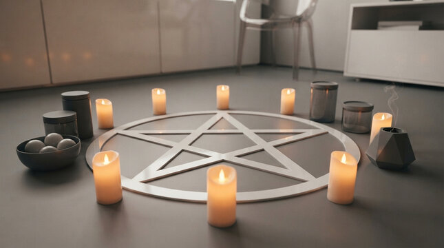 Candles flickering around pentagram