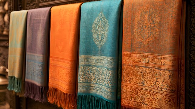 Colorful traditional pashmina shawls hang on display with intricate oriental patterns in soft ambient lighting. This textile background concept is perfect for fashion and.
