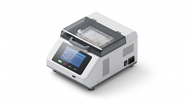 Isometric PCR thermal cycler white, transparent heated lid with 96-well plate, touchscreen showing 95C 55C temperature curve, Start Stop buttons, lab instrument, white background