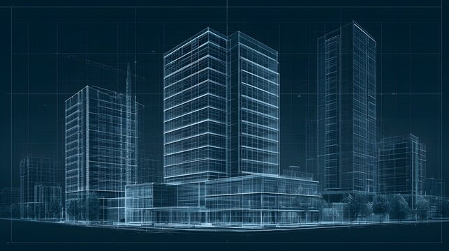 Modern city buildings rendered as a detailed wireframe blueprint on a dark blue background. This image represents urban development and future architectural concepts.