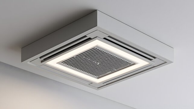 Modern ceiling cassette air conditioner with integrated LED lighting on a neutral background. Home climate control.