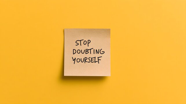 Handwritten "STOP DOUBTING YOURSELF" on a sticky note isolated on a yellow background. Motivational reminder for encouragement.