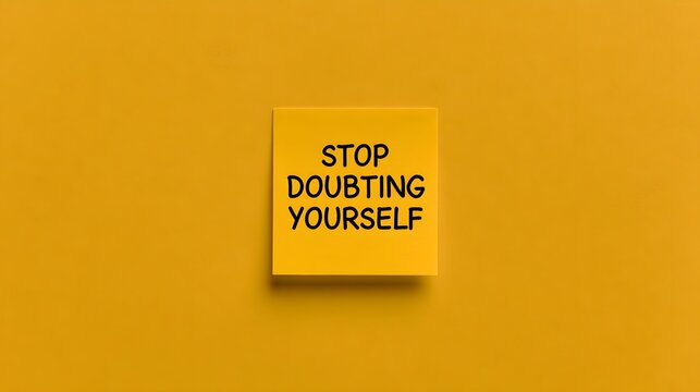 Bright yellow sticky note with "STOP DOUBTING YOURSELF" message against a solid orange background. Motivational quote for empowerment.