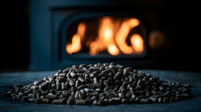 Pile of wood pellets in front of a burning fireplace, representing renewable energy and cozy winter warmth. Heating fuel concept for sustainable home ads.